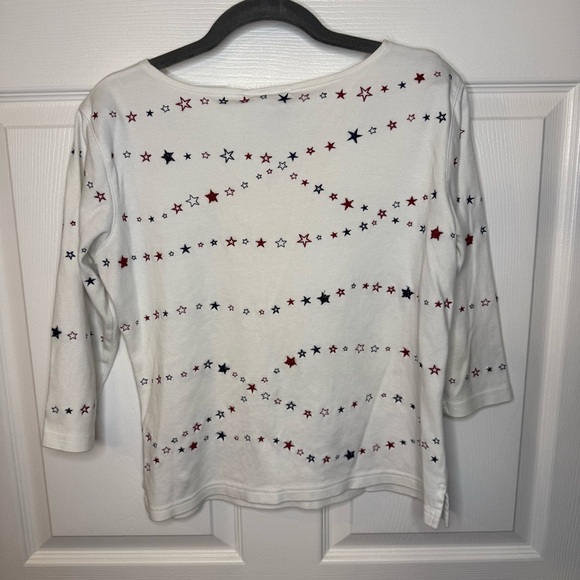 Talbots White 3/4 Sleeve White Shirt with Blue and Red Embroidered Beaded Stars - Picture 4 of 5